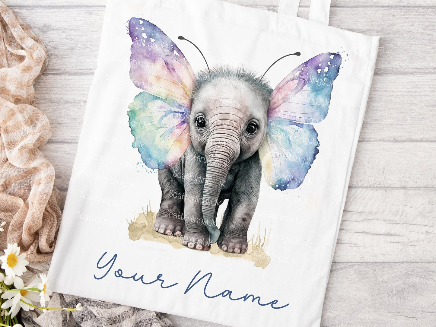 Elephant Butterfly Pastel Wings Tote Bag, Personalised, Elephant Lover Bag, Unique Gift for Mum/ Grandma, Personalised Gift, Mother’s Day