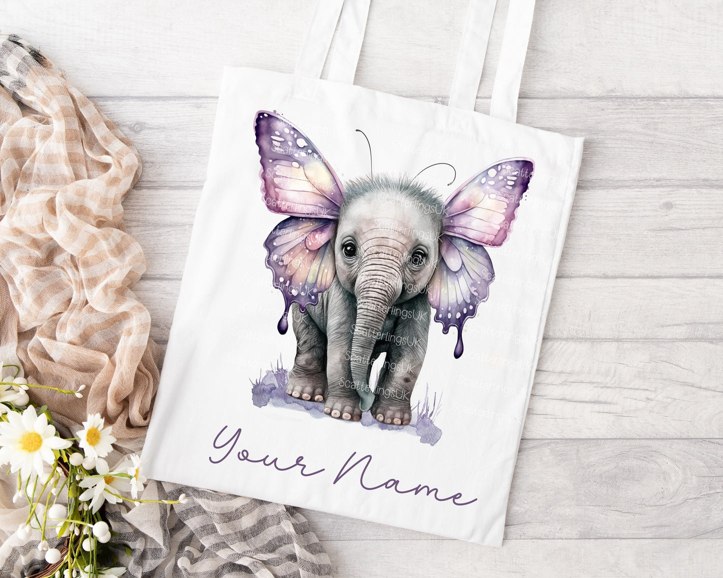 Elephant Butterfly Purple Pink Wings Tote Bag, Personalised, Elephant Lover, Unique Gift for Mum/ Grandma, Gift, Mother’s Day gift