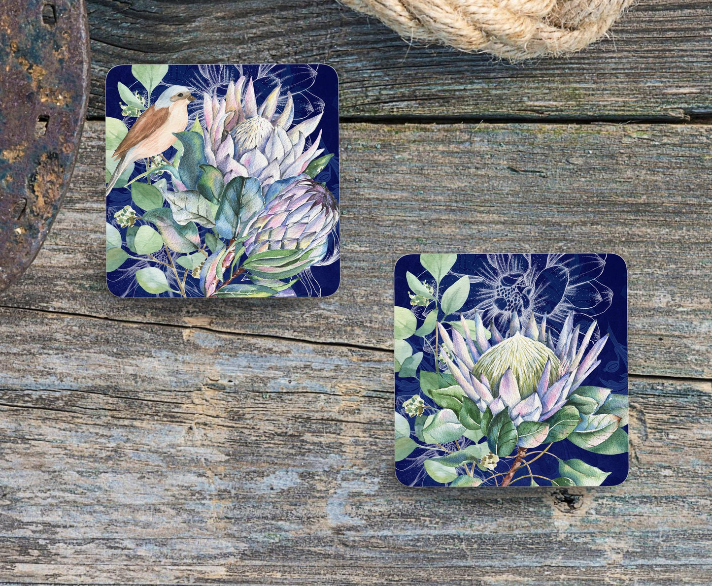 Set of 4 Coasters with Display Stand, South African Protea and Hydrangea/Rhododendron. ( 9x9cm )