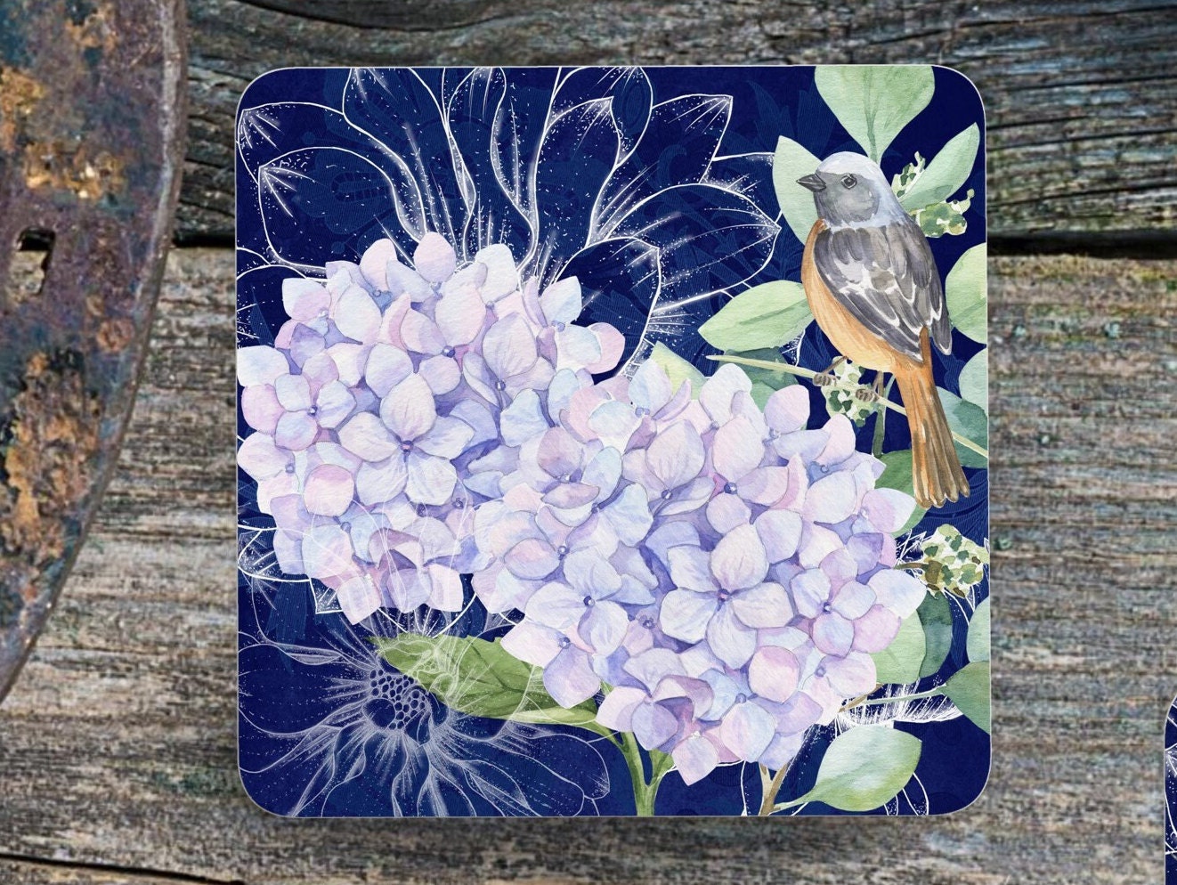 Set of 4 Coasters with Display Stand, South African Protea and Hydrangea/Rhododendron. ( 9x9cm )