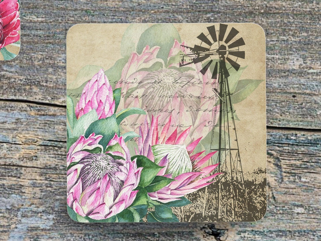 Set of 4 Coasters with Display Stand, Karoo Windmill with Proteas' coasters. South African coasters. ( 9x9cm )