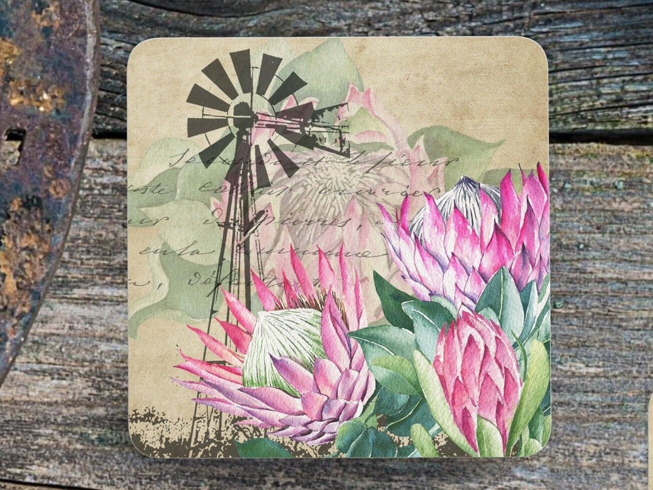 Set of 4 Coasters with Display Stand, Karoo Windmill with Proteas' coasters. South African coasters. ( 9x9cm )