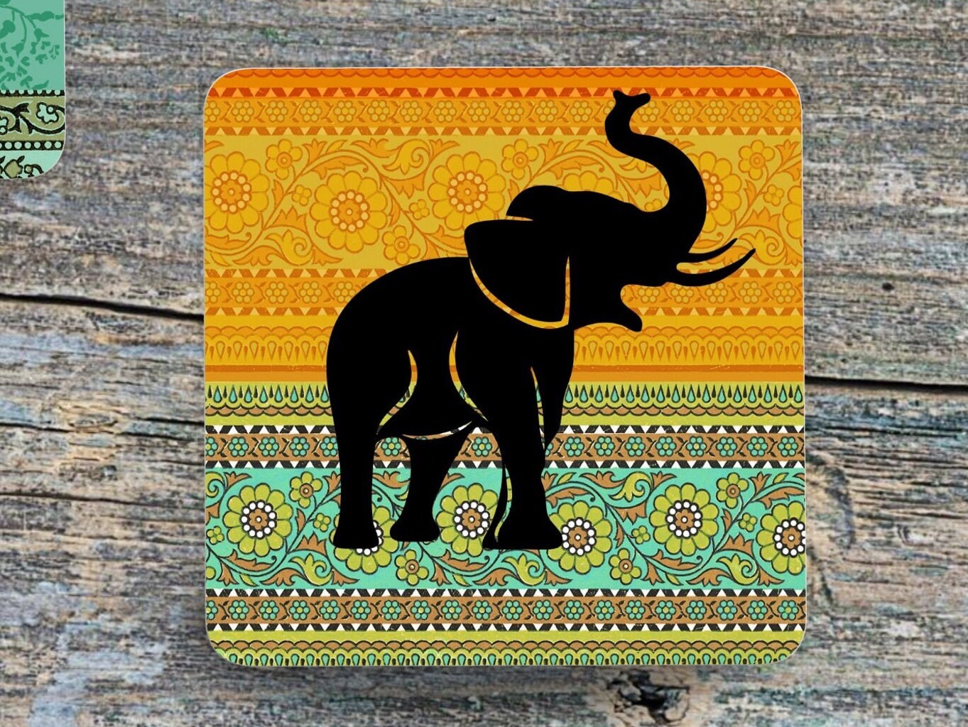 Set of 4 Coasters with Display Stand, Elephant with different vibrant coloured backgrounds. Elephant gift. ( 9x9cm )