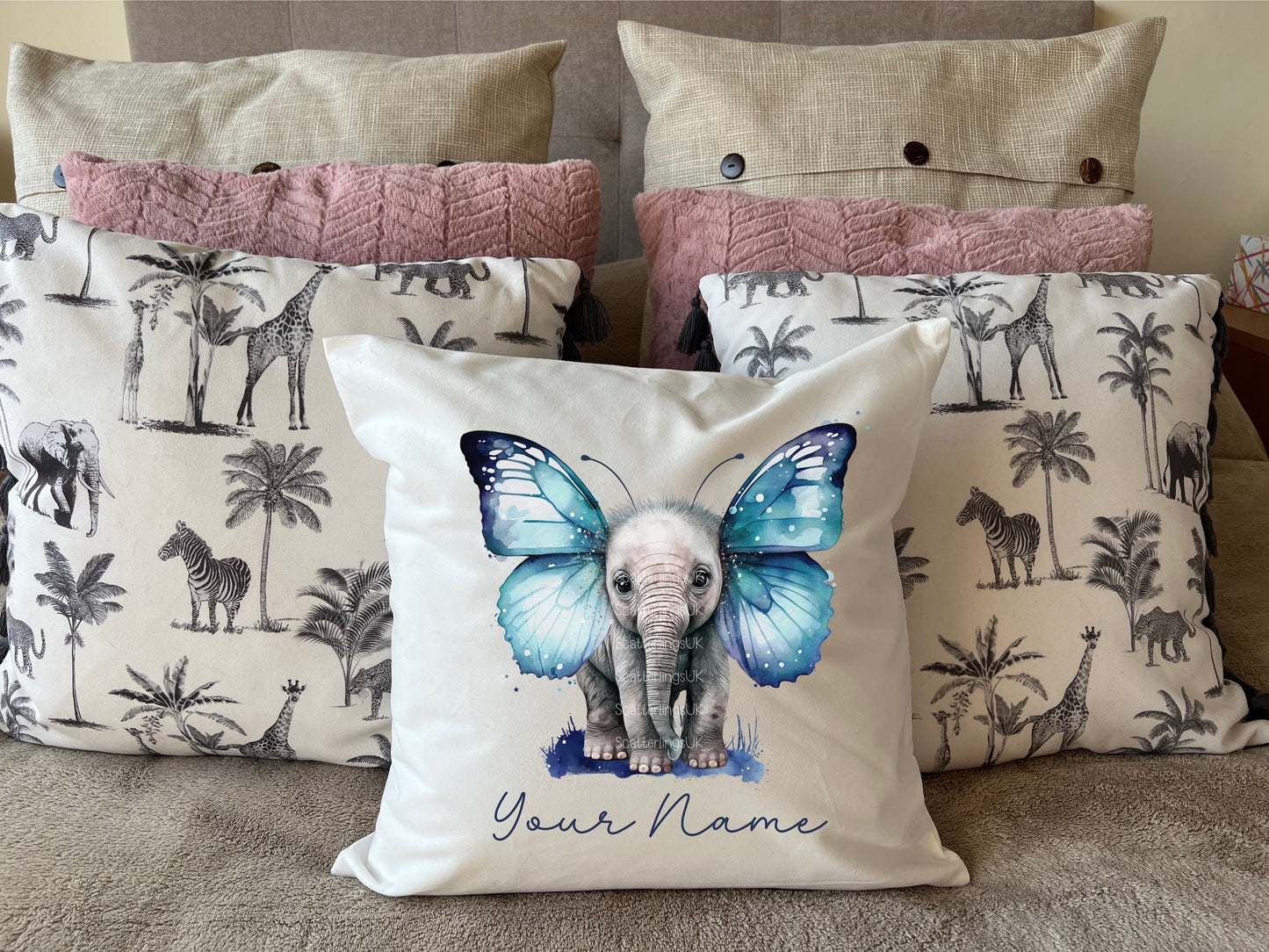 Elephant Blue Butterfly Wings Cushion Personalised  Pillow Gift for Mum Elephant lover Gift for her sister daughter teacher nursery new baby