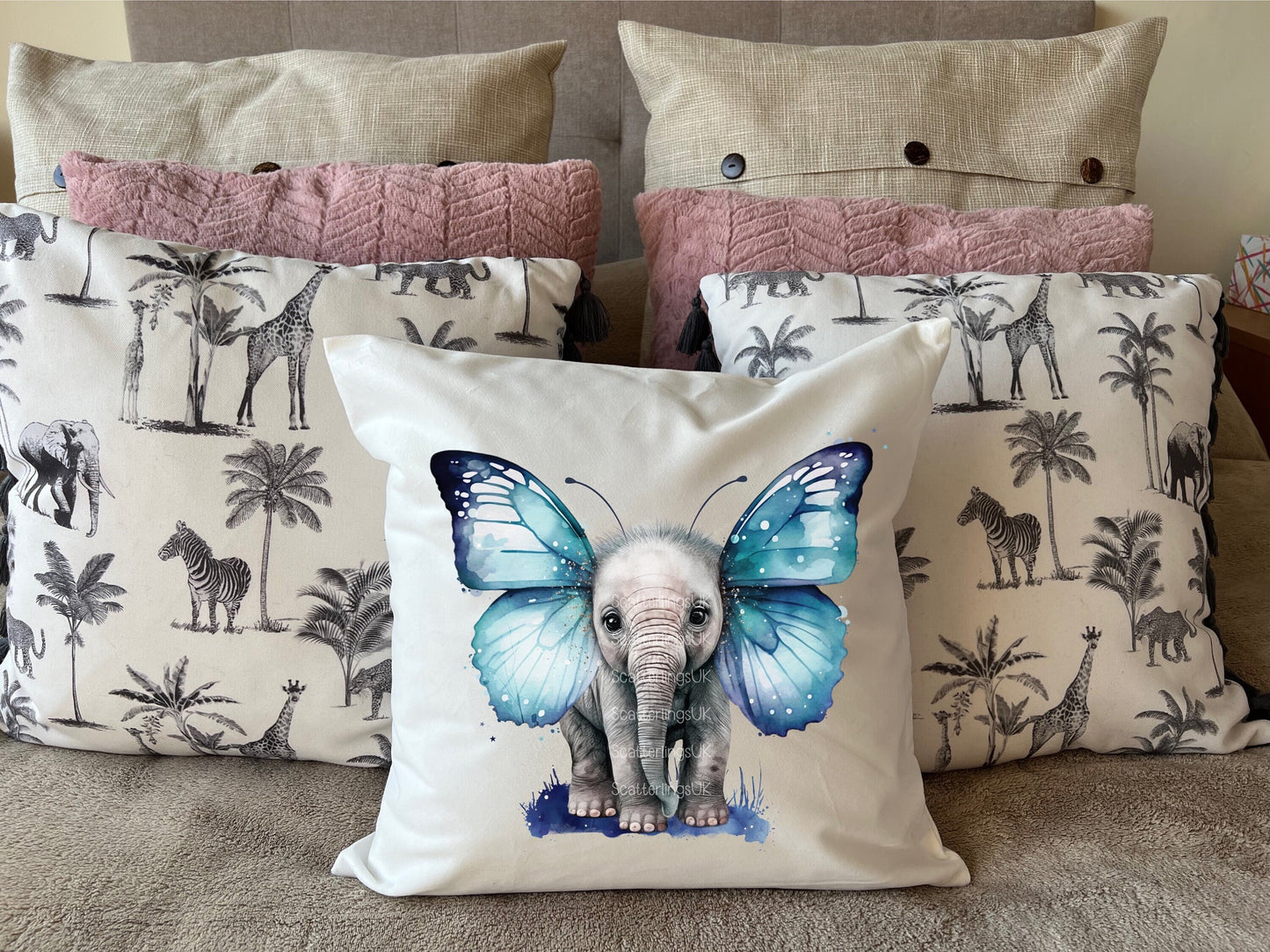 Elephant Blue Butterfly Wings Cushion Personalised  Pillow Gift for Mum Elephant lover Gift for her sister daughter teacher nursery new baby