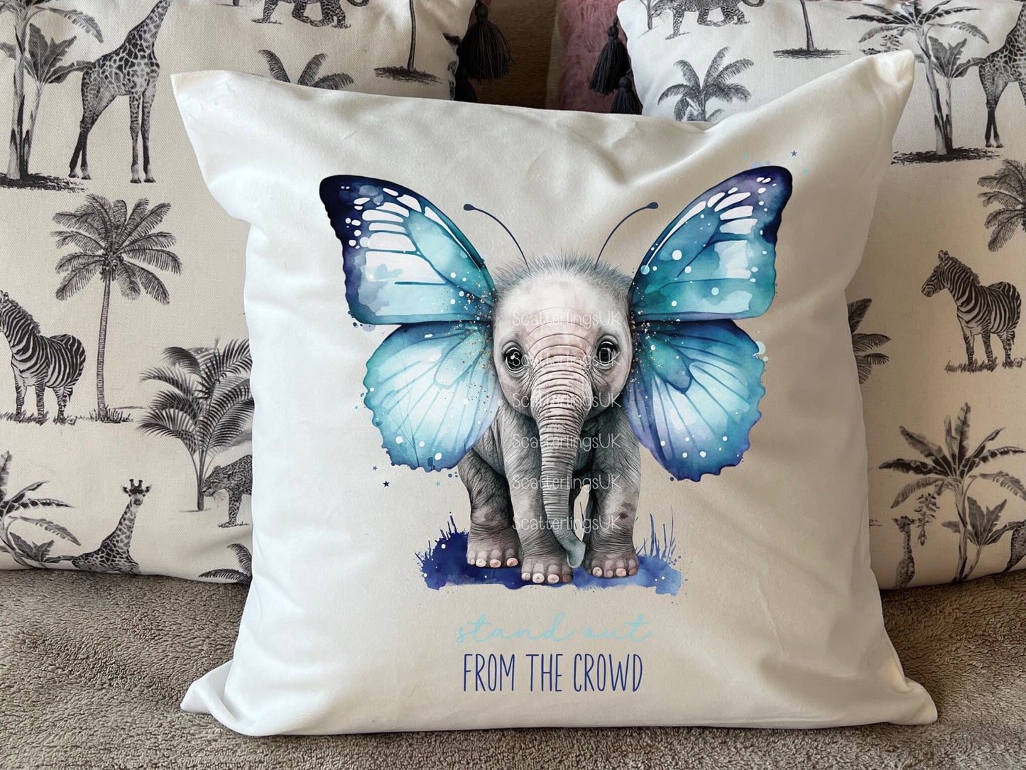 Elephant Blue Butterfly Wings Cushion Personalised  Pillow Gift for Mum Elephant lover Gift for her sister daughter teacher nursery new baby