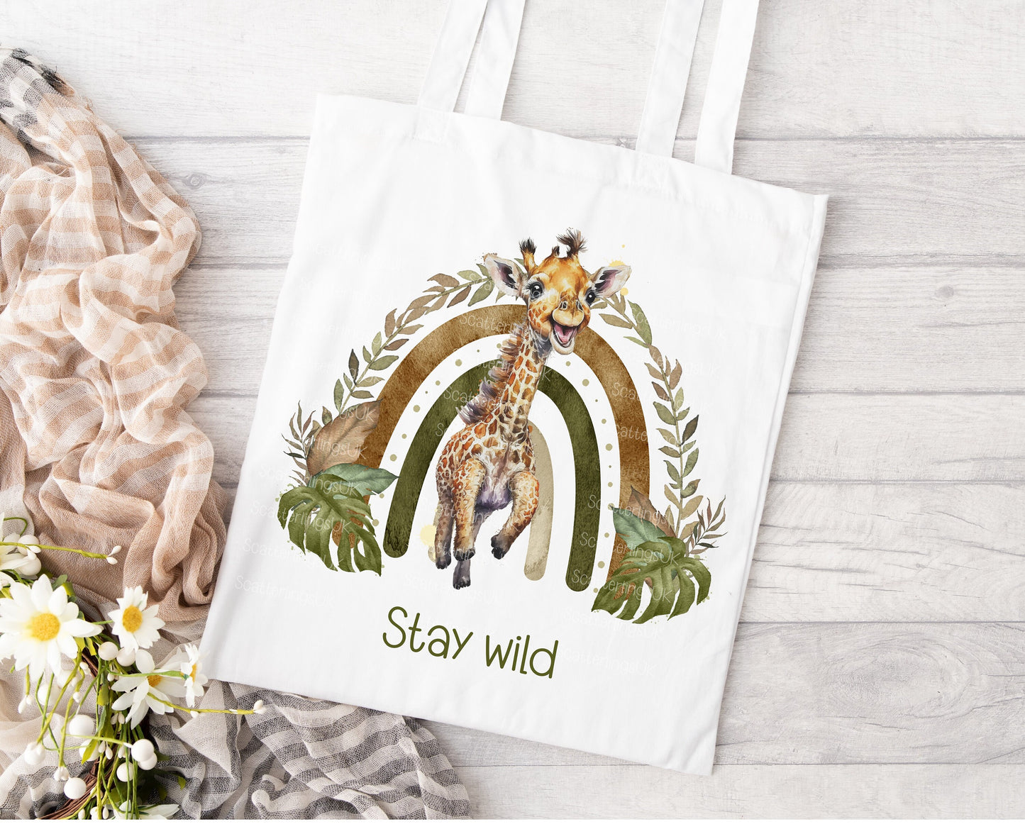 Giraffe Rainbow personalised custom white tote bag gift for teacher mum nan reusable eco-friendly safari jungle