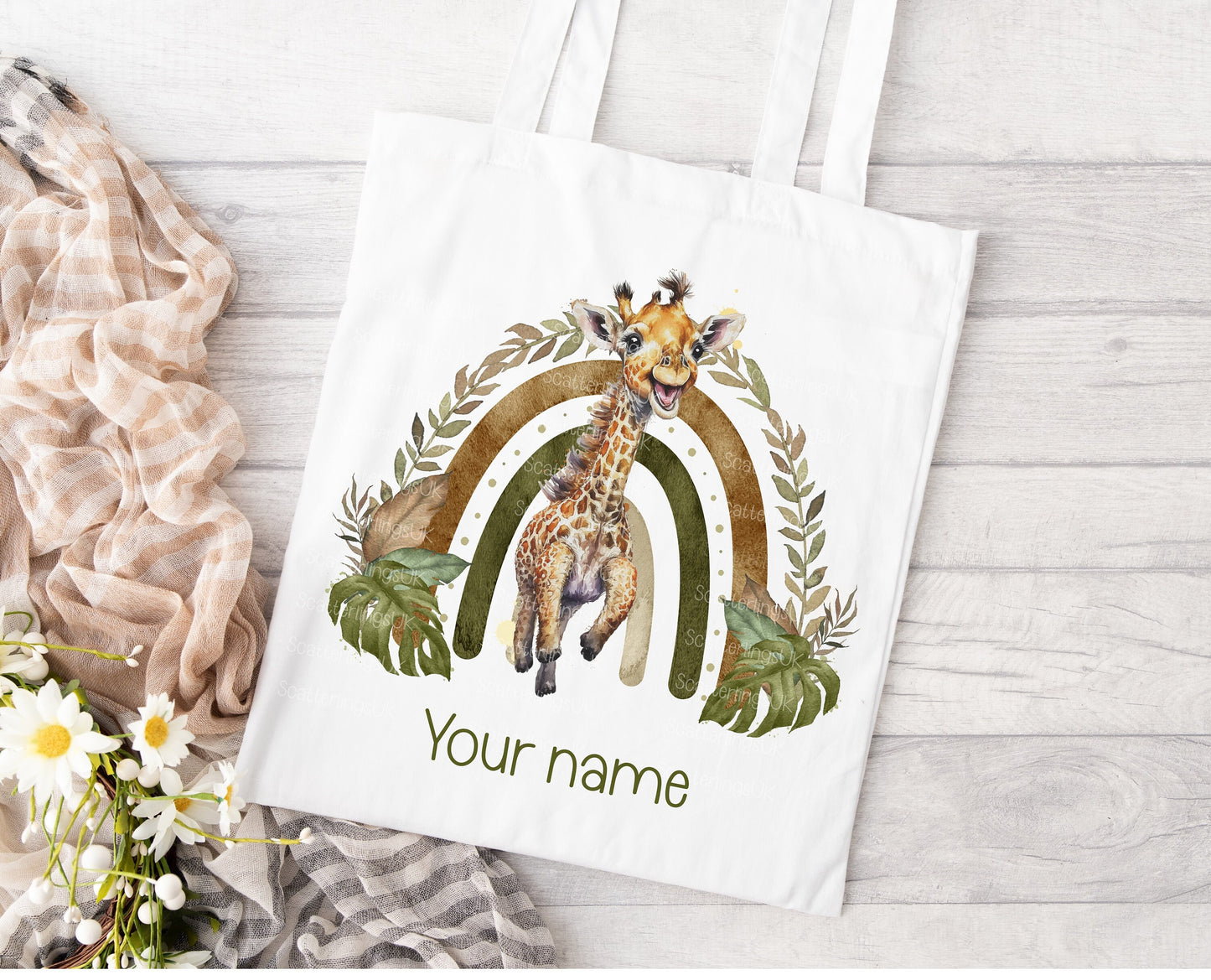 Giraffe Rainbow personalised custom white tote bag gift for teacher mum nan reusable eco-friendly safari jungle