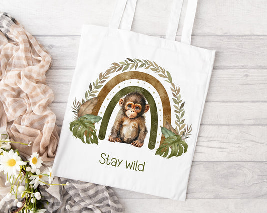 Cheeky Monkey Rainbow personalised custom white tote bag gift for teacher mum nan reusable eco-friendly safari jungle
