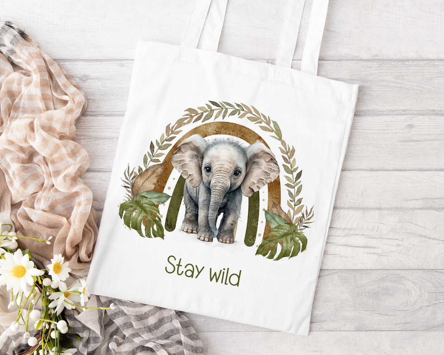 Elephant Rainbow personalised custom white tote bag gift for teacher mum nan reusable eco-friendly safari jungle