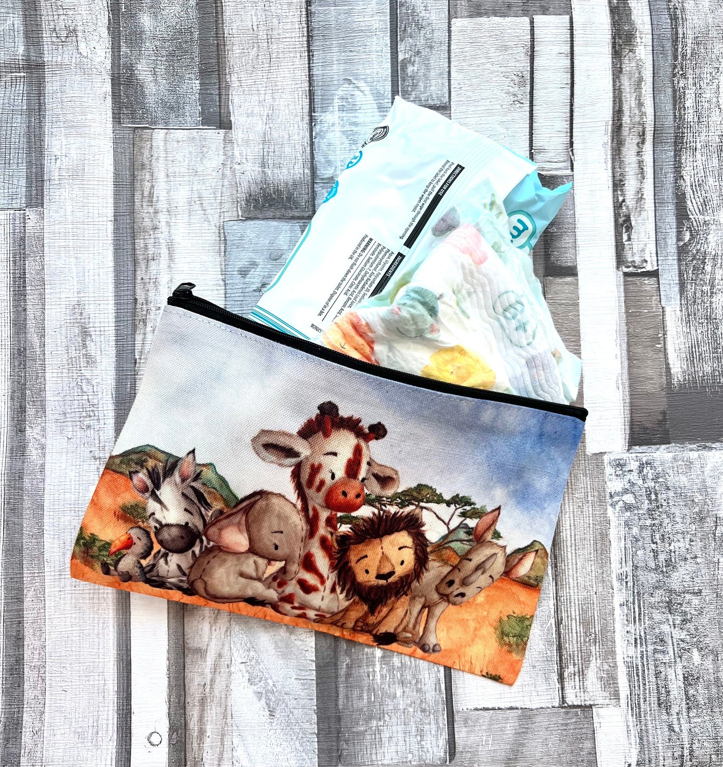 Nappy Diaper Safari Jungle pouch bag wipes storage changing bag animals Lion Giraffe Zebra New baby shower toddler gift