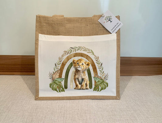 Lion Cub Jute Bag with fabric pocket. Eco-friendly Hessian Burlap Tote Reusable.