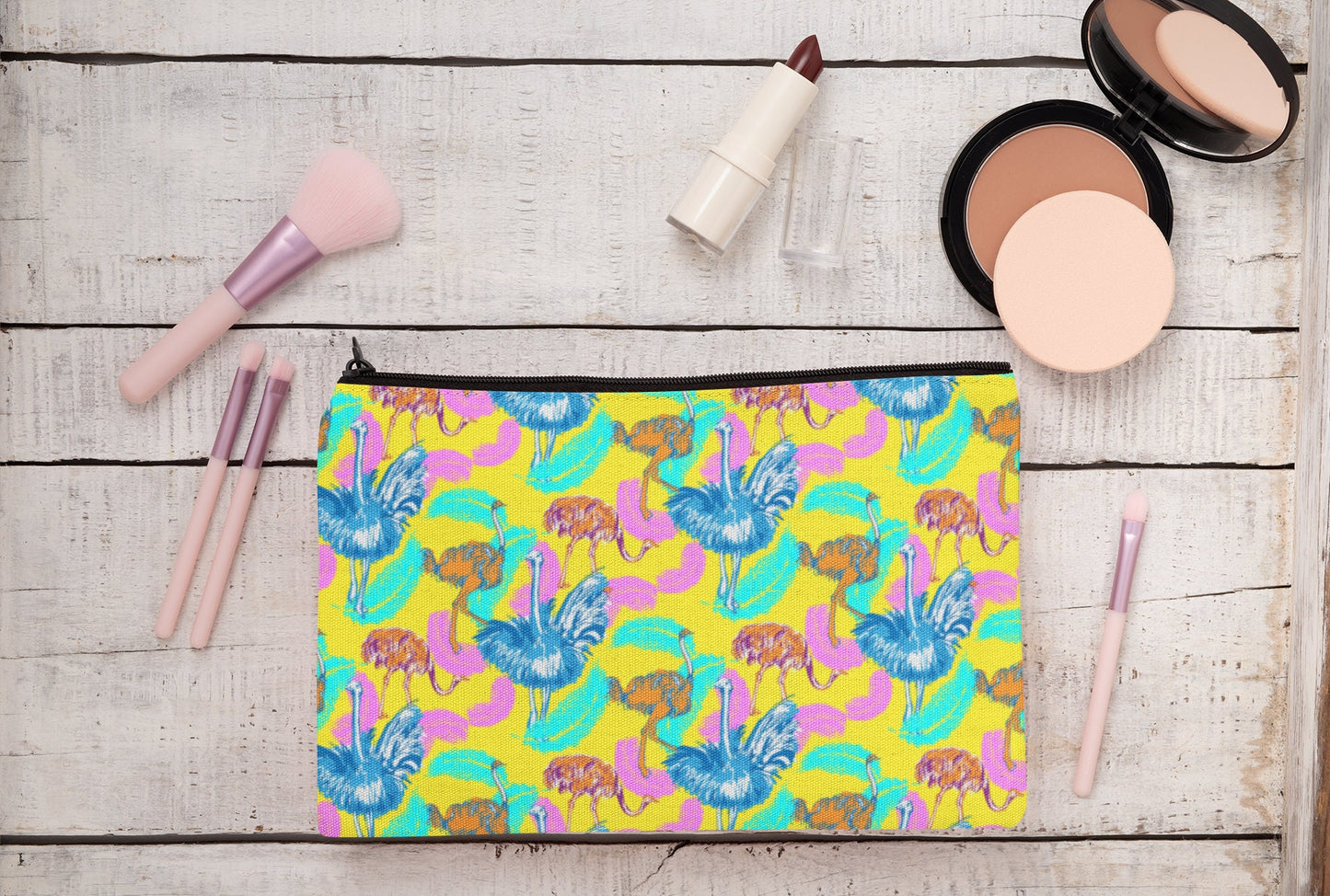 Ostrich Linen Make up bag cosmetics pencil case four Ostrich bird design options Zipped pouch.