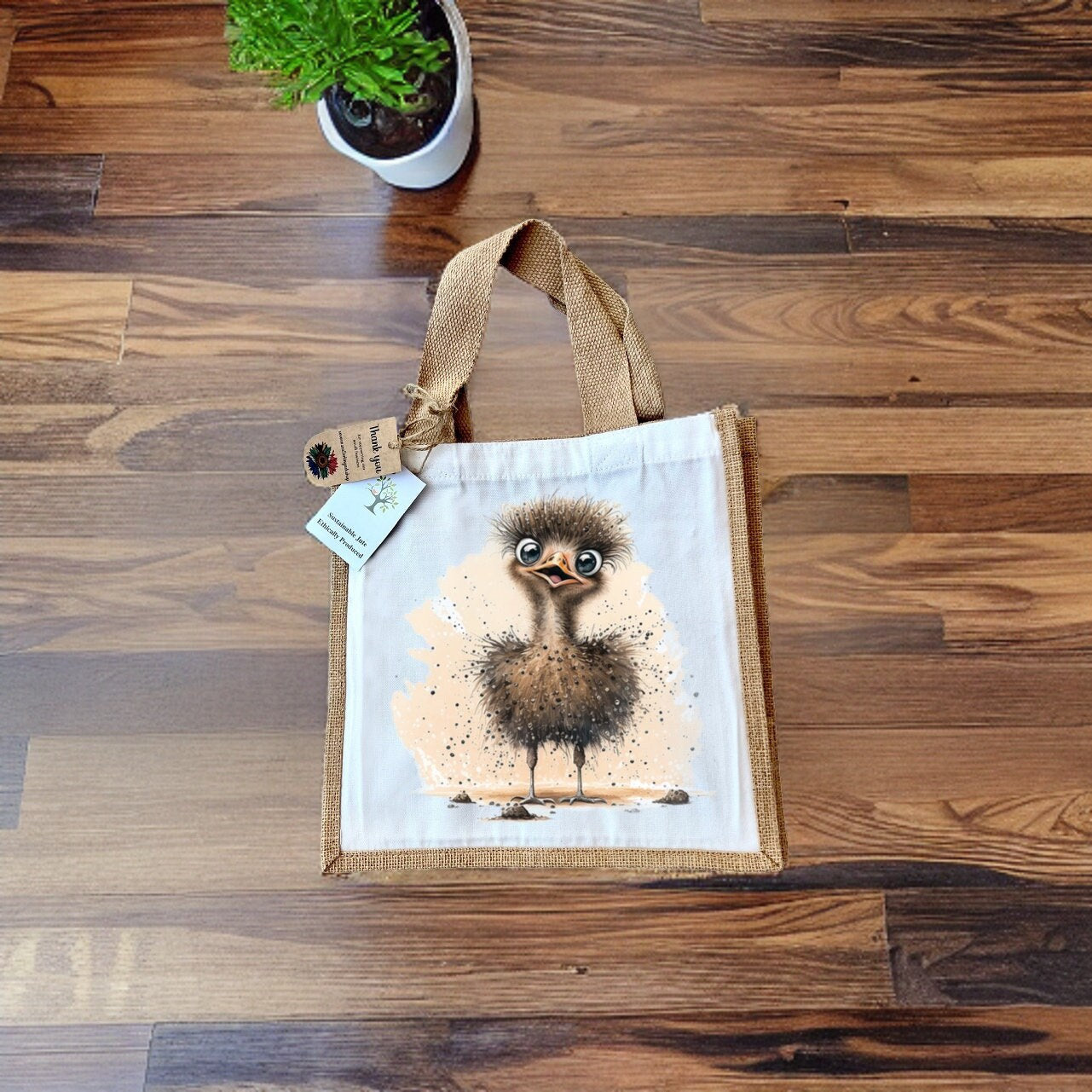Ostrich Baby Jute Bag with fabric pocket. Eco-friendly Hessian Burlap Tote Reusable