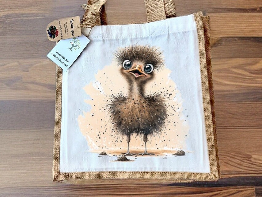 Ostrich Baby Jute Bag with fabric pocket. Eco-friendly Hessian Burlap Tote Reusable