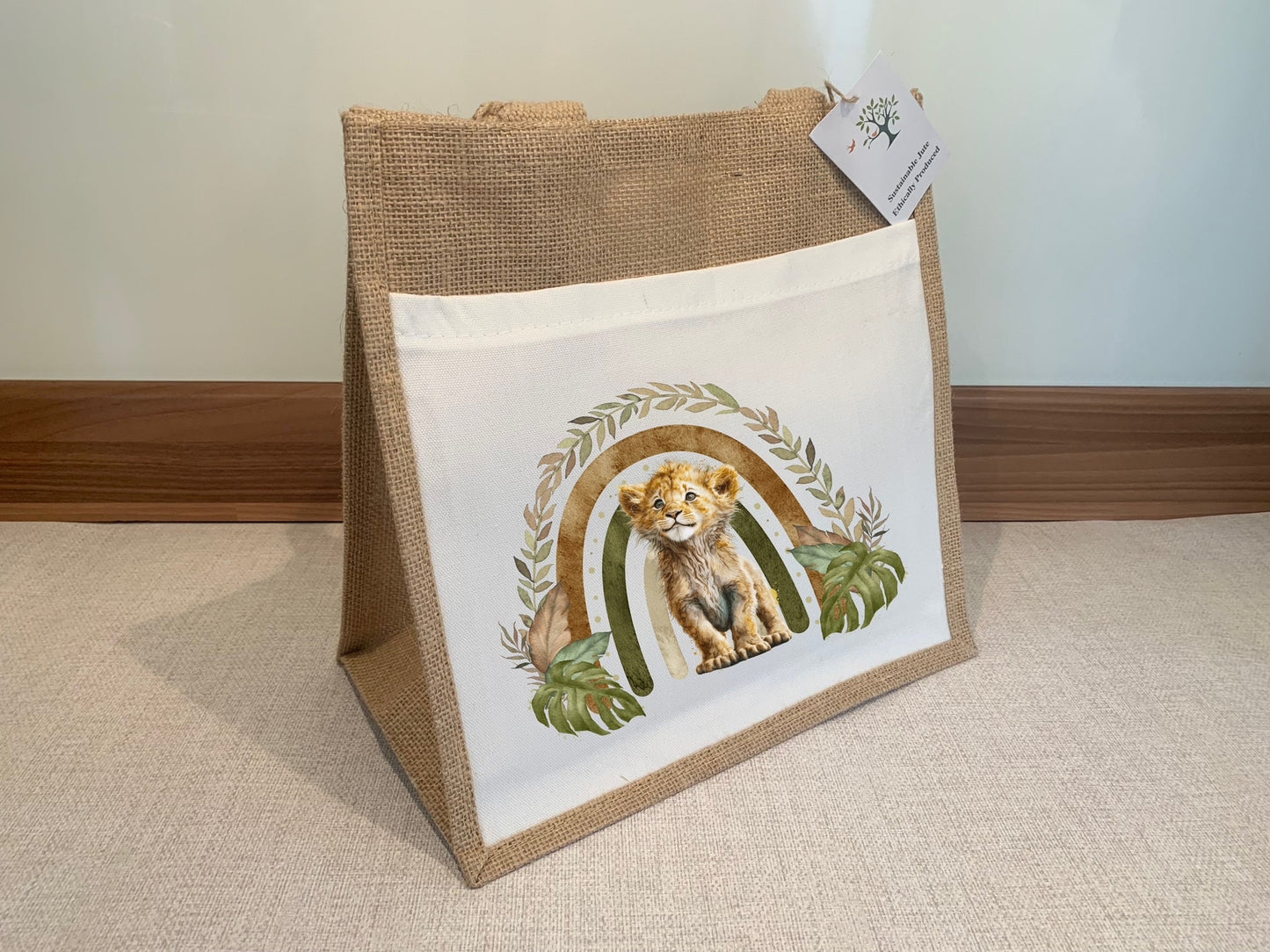 Lion Cub Jute Bag with fabric pocket. Eco-friendly Hessian Burlap Tote Reusable.