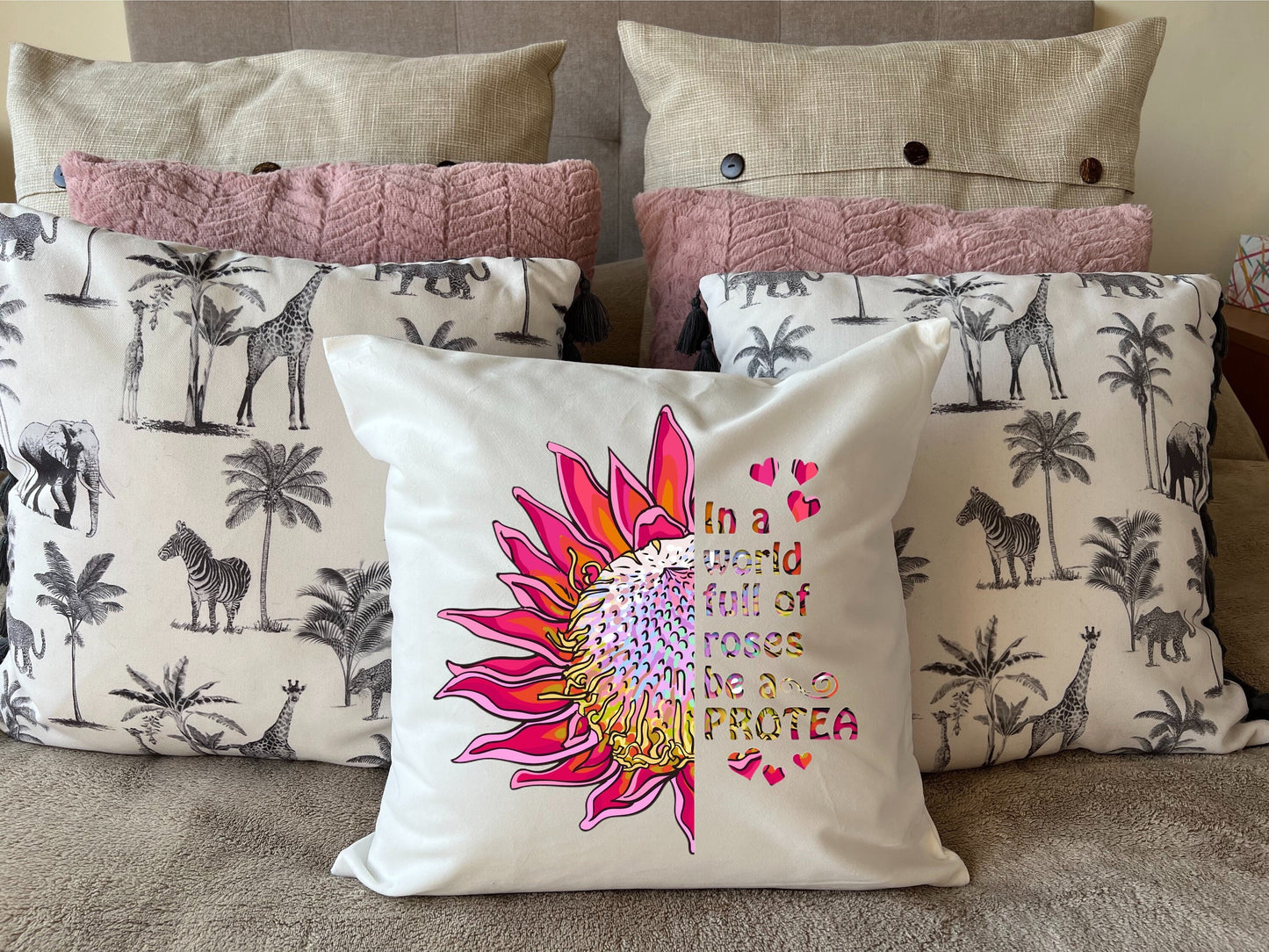 Plush White Protea cushion “In a world full of Roses be a Protea” deluxe 'soft feel' scatter cushion. ( 40x40cm )Hot pink protea.