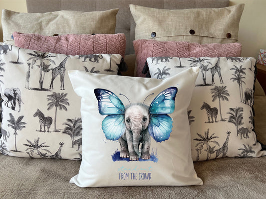 Elephant Blue Butterfly Wings Cushion Personalised  Pillow Gift for Mum Elephant lover Gift for her sister daughter teacher nursery new baby