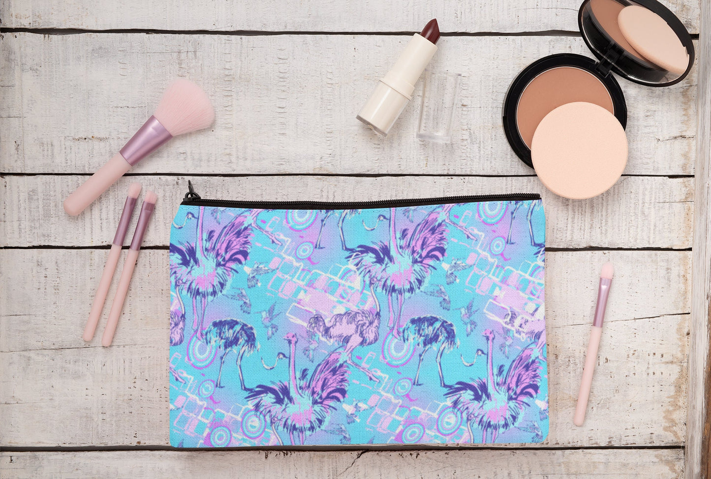 Ostrich Linen Make up bag cosmetics pencil case four Ostrich bird design options Zipped pouch.
