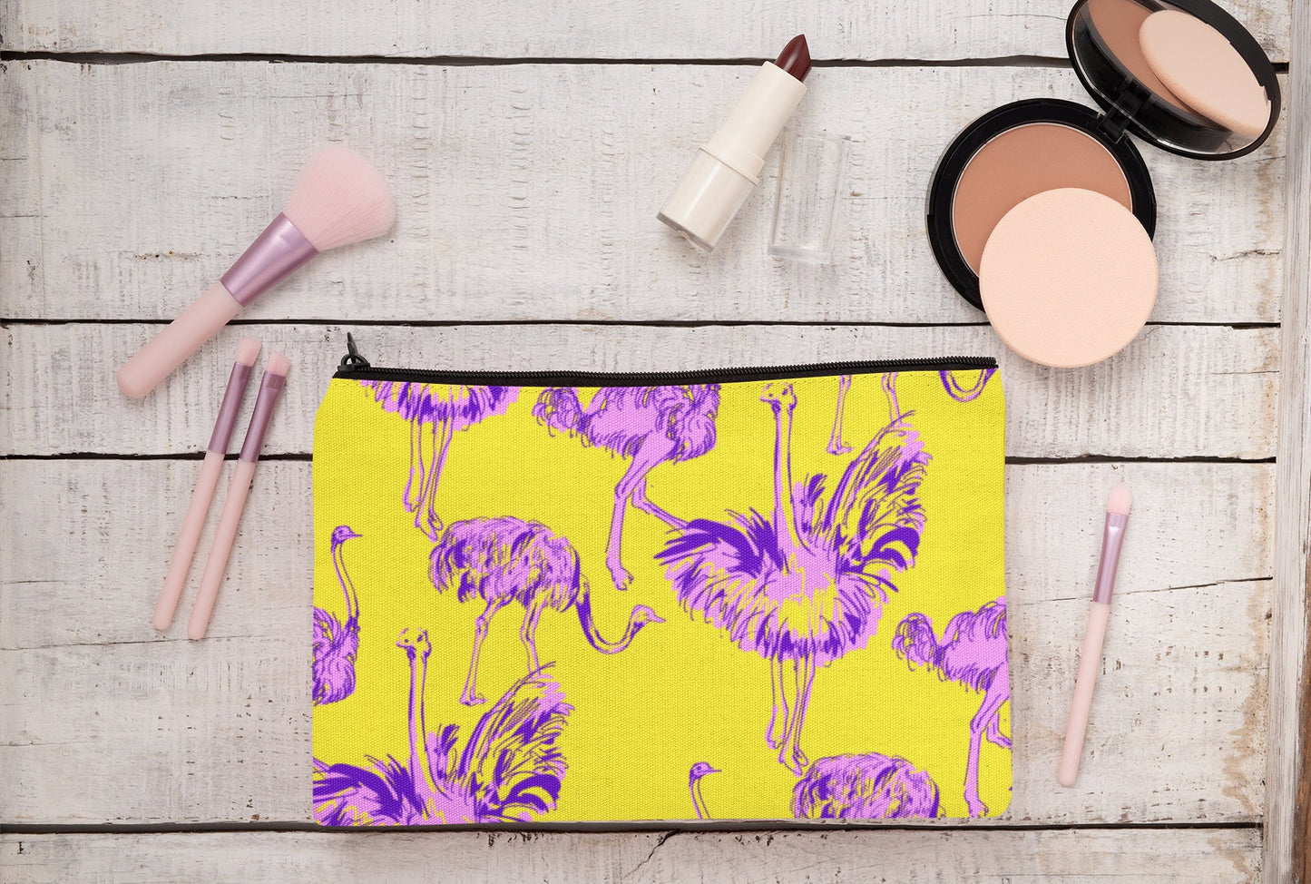 Ostrich Linen Make up bag cosmetics pencil case four Ostrich bird design options Zipped pouch.