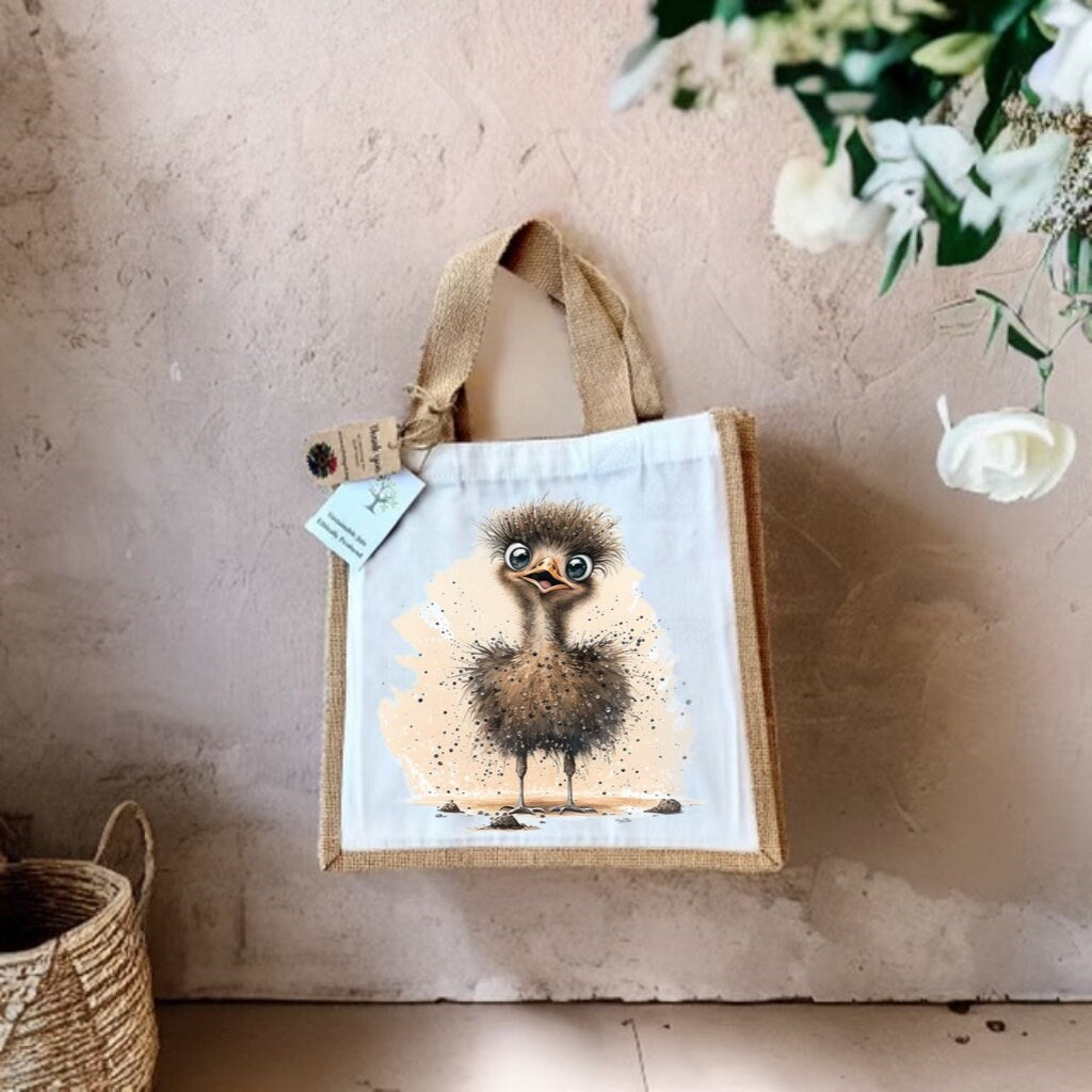 Ostrich Baby Jute Bag with fabric pocket. Eco-friendly Hessian Burlap Tote Reusable