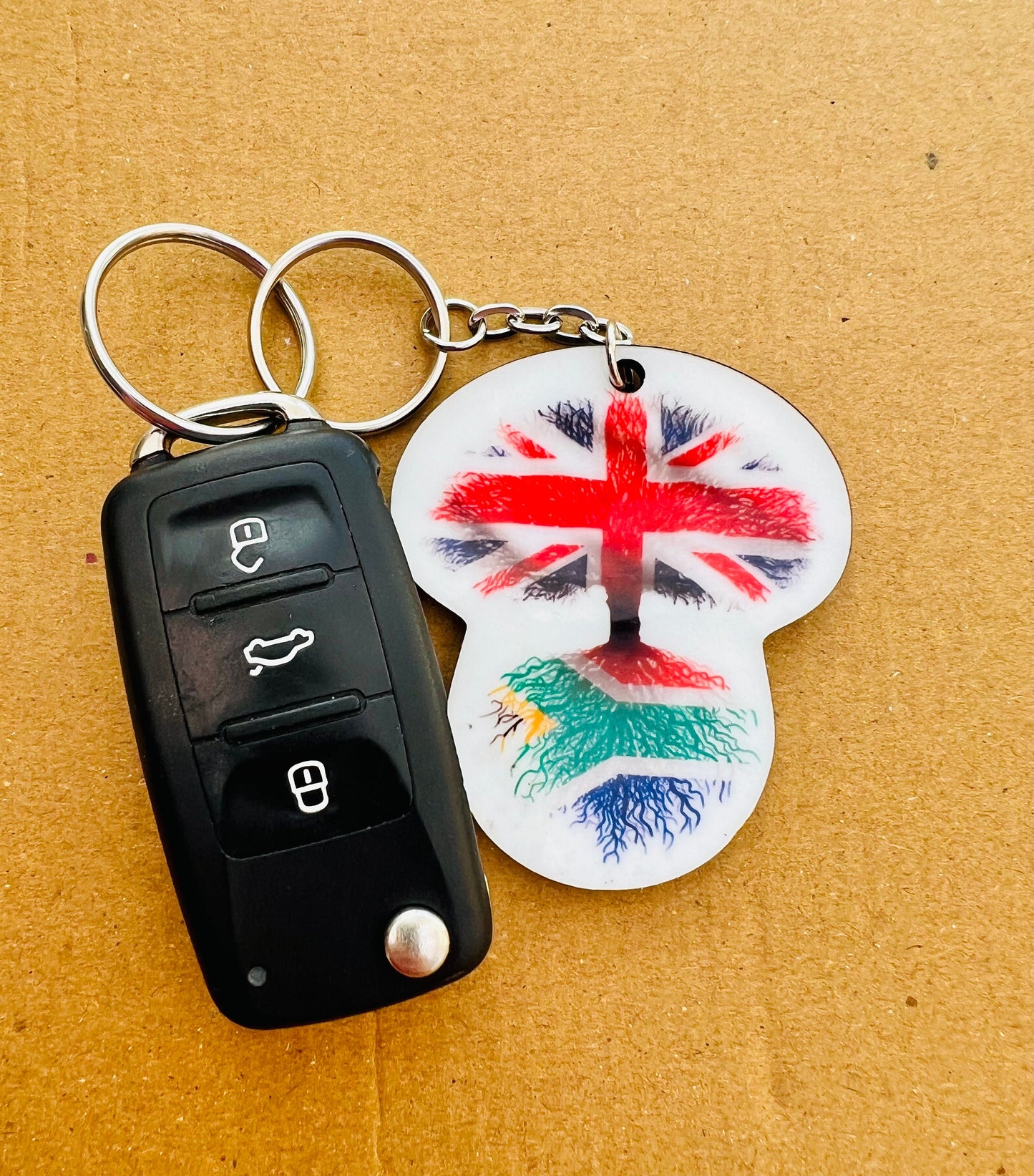 South African flag Union Jack keyring keychain heritage roots New home housewarming immigration car travel christmas gift personalised