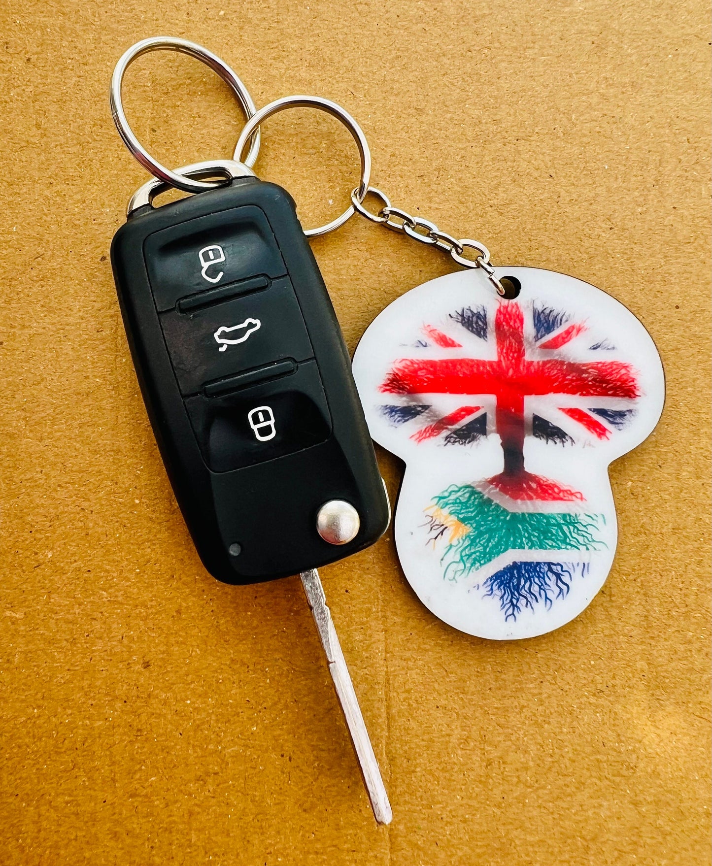 South African flag Union Jack keyring keychain heritage roots New home housewarming immigration car travel christmas gift personalised
