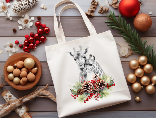 Giraffe christmas tote bag white Mother and baby Couple Stocking filler Gift Shopping Reusable Holly Holidays Seasons Greetings