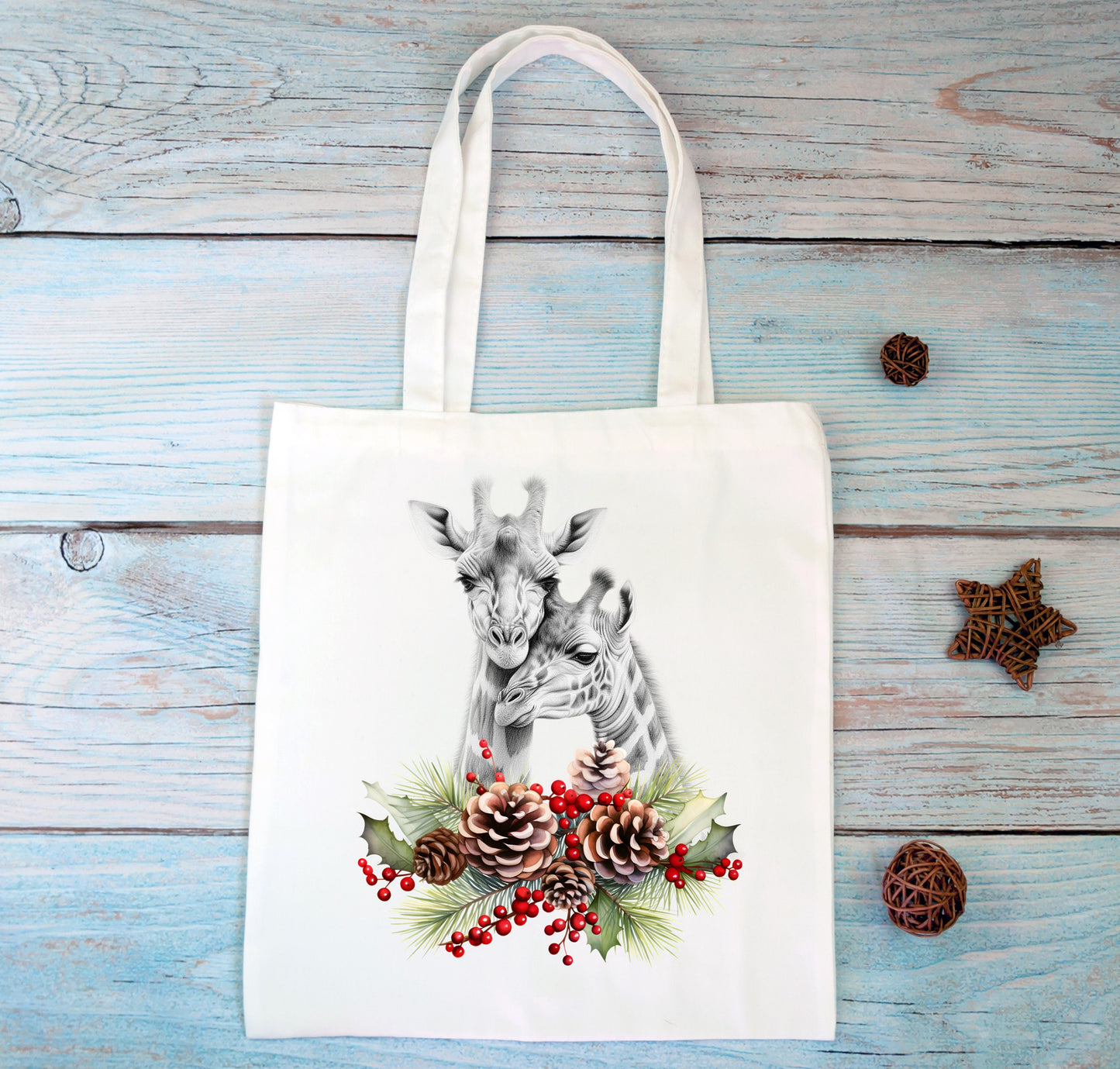 Giraffe christmas tote bag white Mother and baby Couple Stocking filler Gift Shopping Reusable Holly Holidays Seasons Greetings