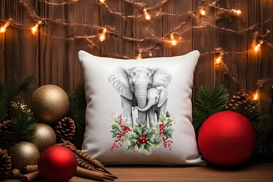 Elephant Christmas Cushion mother and child flowers Holly pillow cover decoration new home housewarming gift idea feastive season holidays