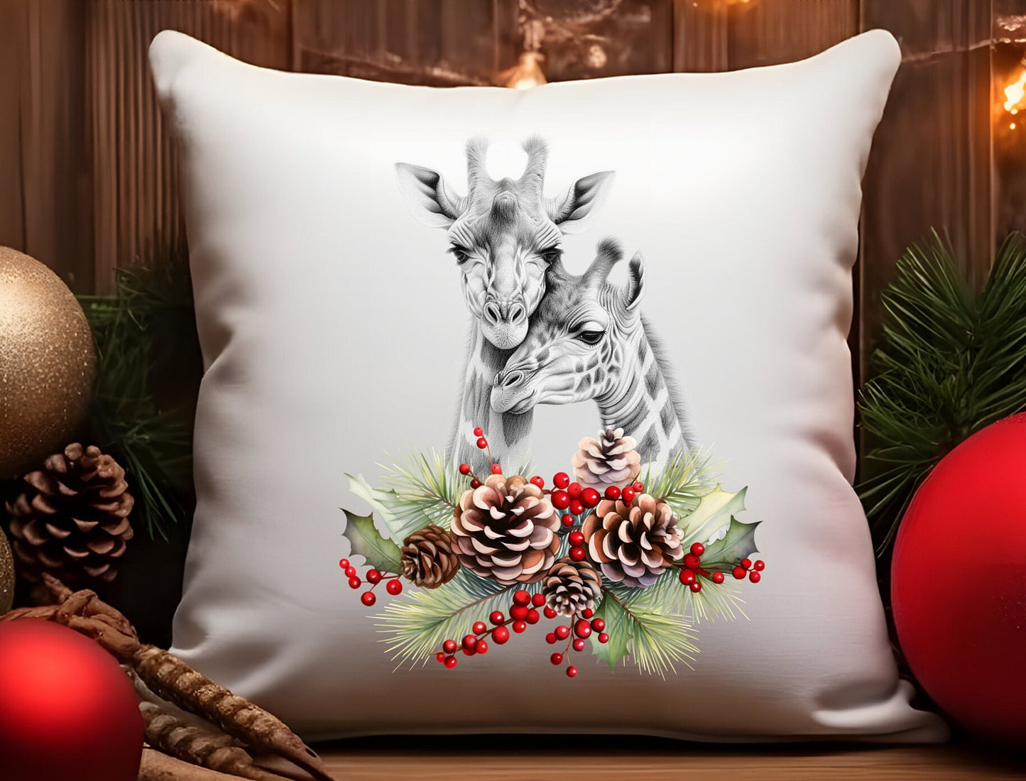 Giraffe Christmas Cushion couple mother and child Holly pillow cover decoration new home housewarming gift idea feastive season holidays