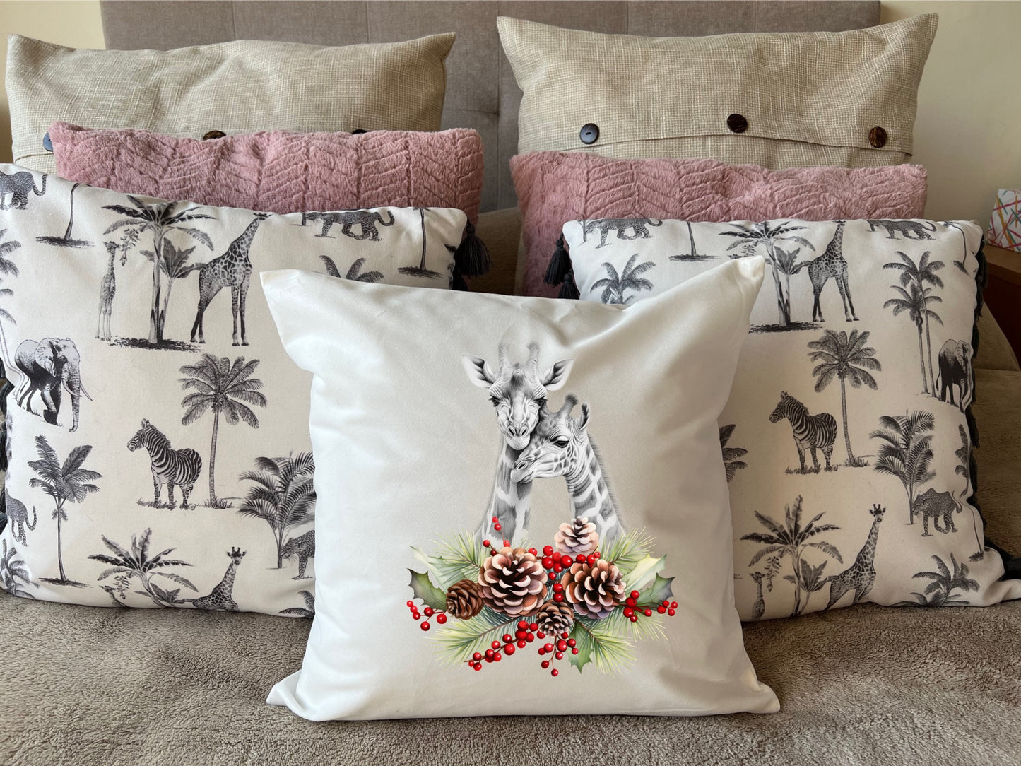 Giraffe Christmas Cushion couple mother and child Holly pillow cover decoration new home housewarming gift idea feastive season holidays