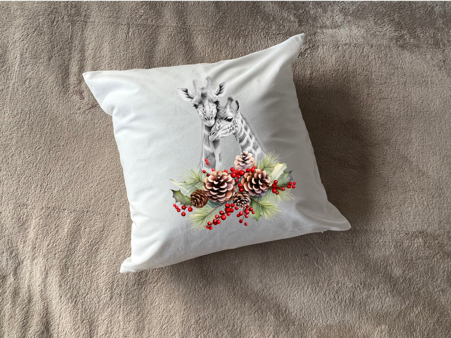 Giraffe Christmas Cushion couple mother and child Holly pillow cover decoration new home housewarming gift idea feastive season holidays