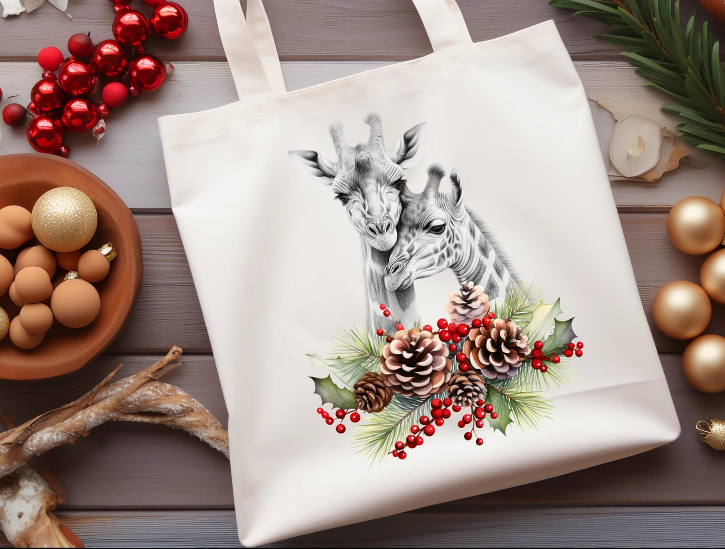 Giraffe christmas tote bag white Mother and baby Couple Stocking filler Gift Shopping Reusable Holly Holidays Seasons Greetings