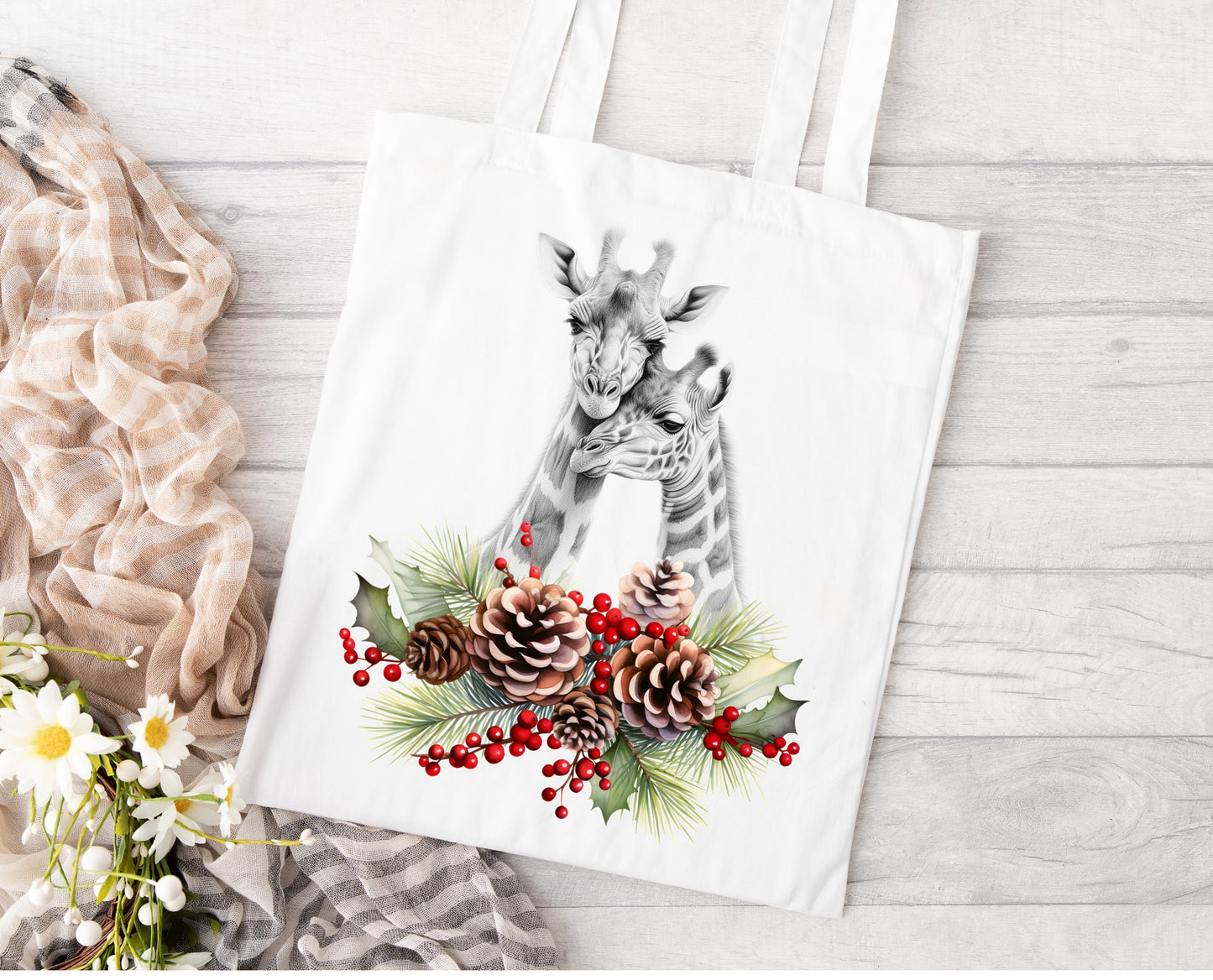 Giraffe christmas tote bag white Mother and baby Couple Stocking filler Gift Shopping Reusable Holly Holidays Seasons Greetings