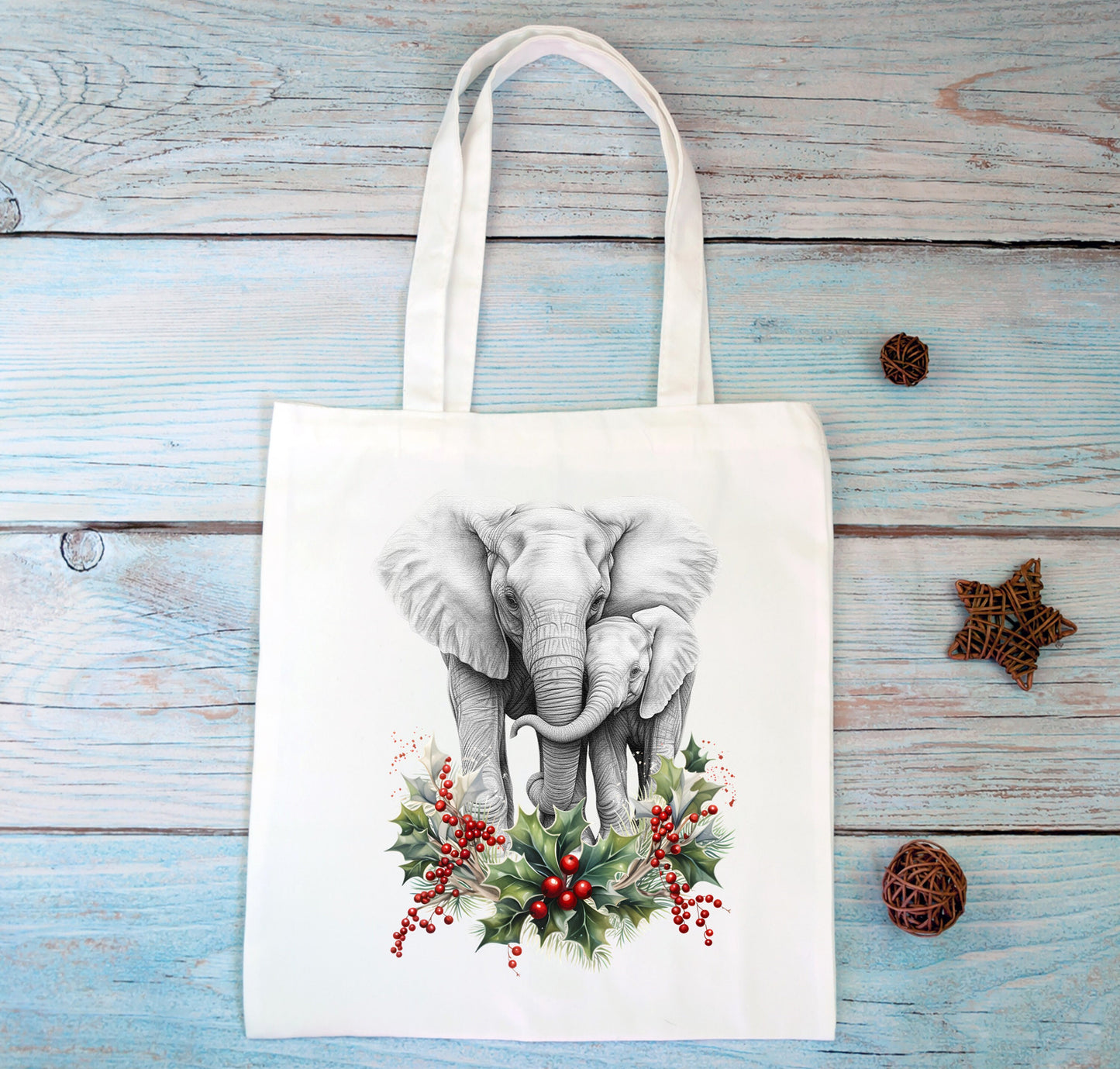 Elephant christmas tote bag white Mother and baby Couple Stocking filler Gift Shopping Reusable Holly Holidays Seasons Greetings