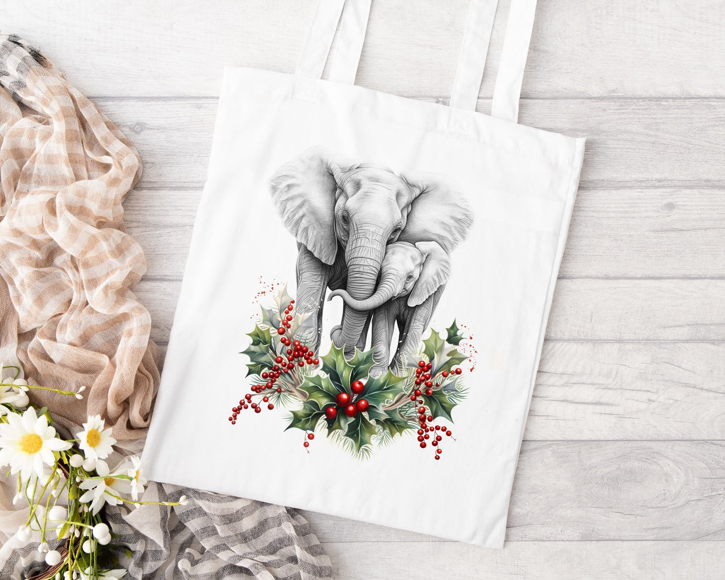 Elephant christmas tote bag white Mother and baby Couple Stocking filler Gift Shopping Reusable Holly Holidays Seasons Greetings