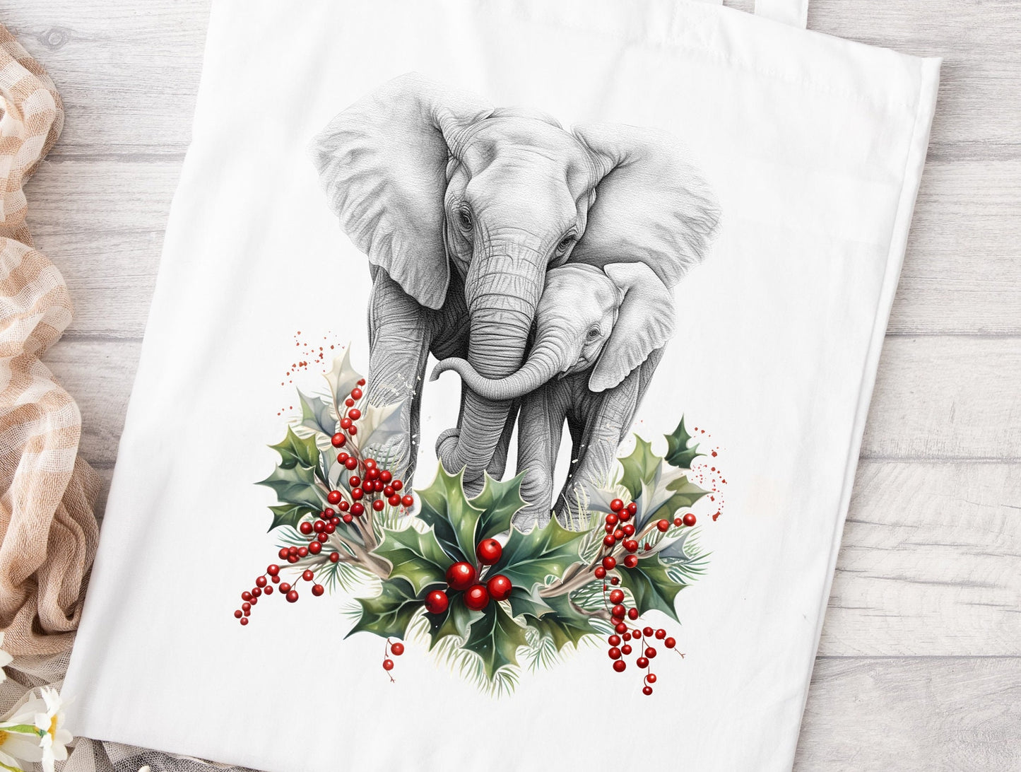 Elephant christmas tote bag white Mother and baby Couple Stocking filler Gift Shopping Reusable Holly Holidays Seasons Greetings