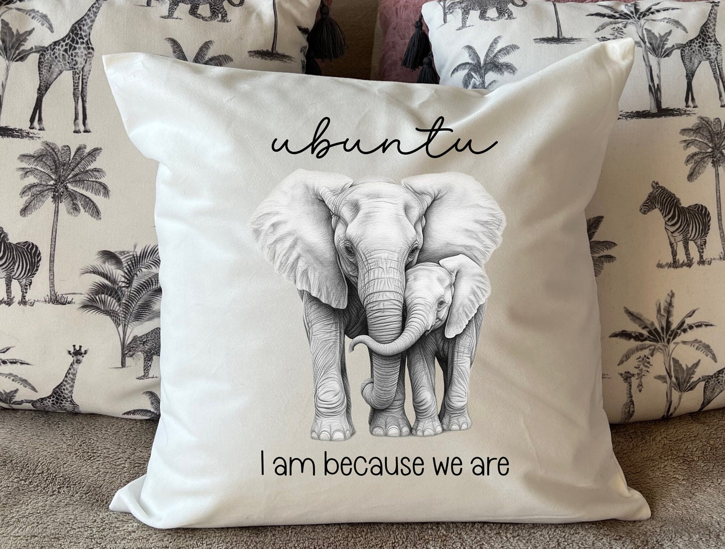 Elephant cushion cover pillow Ubuntu South African Mother Child Baby Couple New home housewarming Personalised