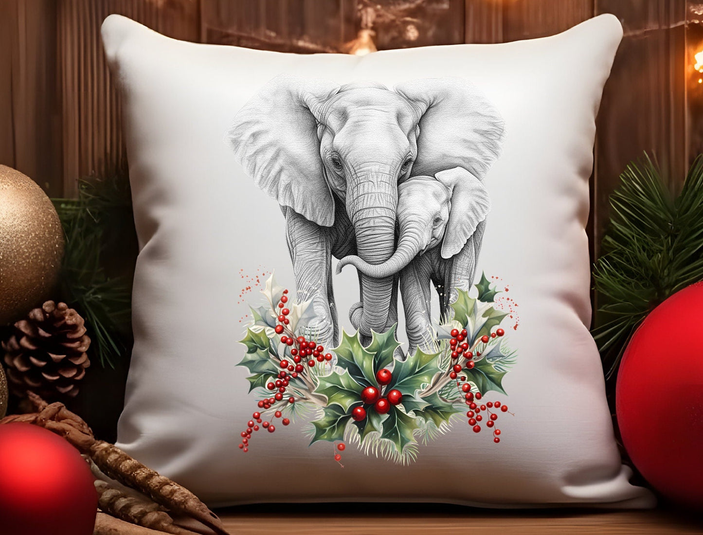 Elephant Christmas Cushion mother and child flowers Holly pillow cover decoration new home housewarming gift idea feastive season holidays