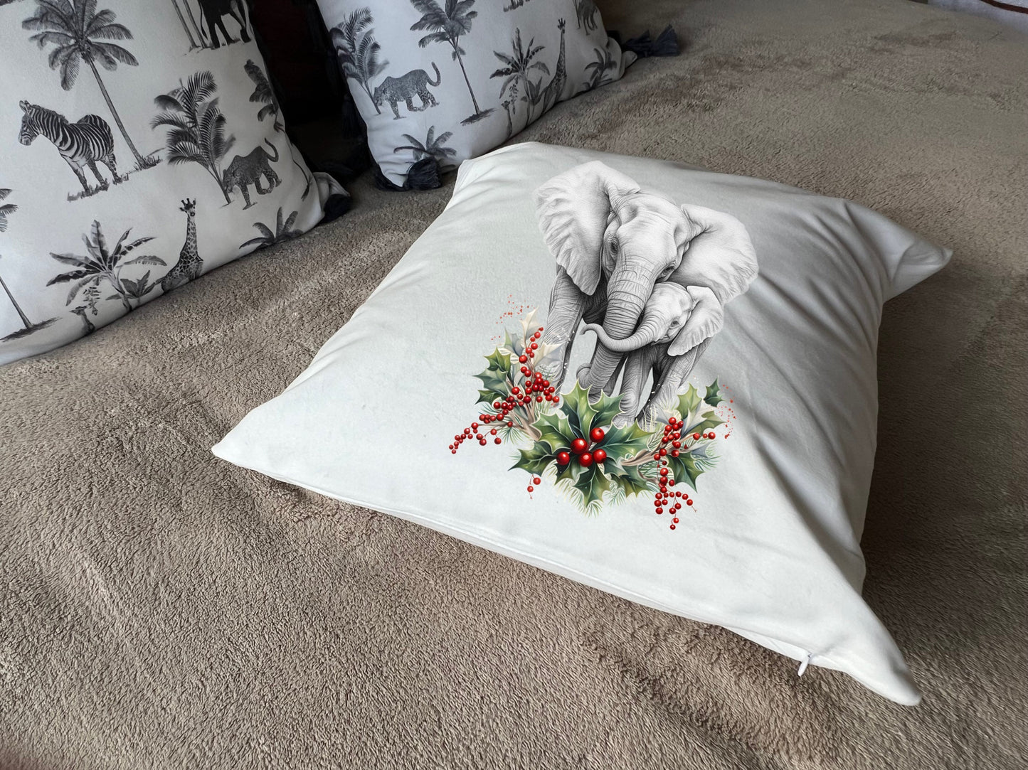 Elephant Christmas Cushion mother and child flowers Holly pillow cover decoration new home housewarming gift idea feastive season holidays