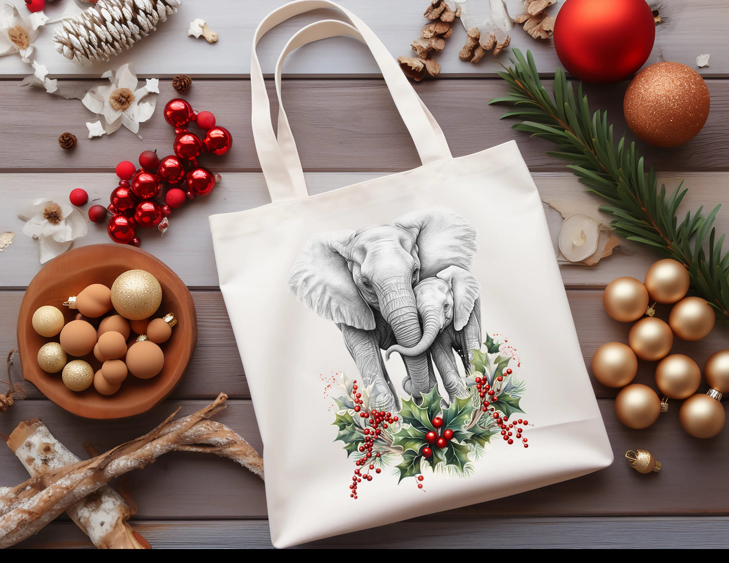 Elephant christmas tote bag white Mother and baby Couple Stocking filler Gift Shopping Reusable Holly Holidays Seasons Greetings