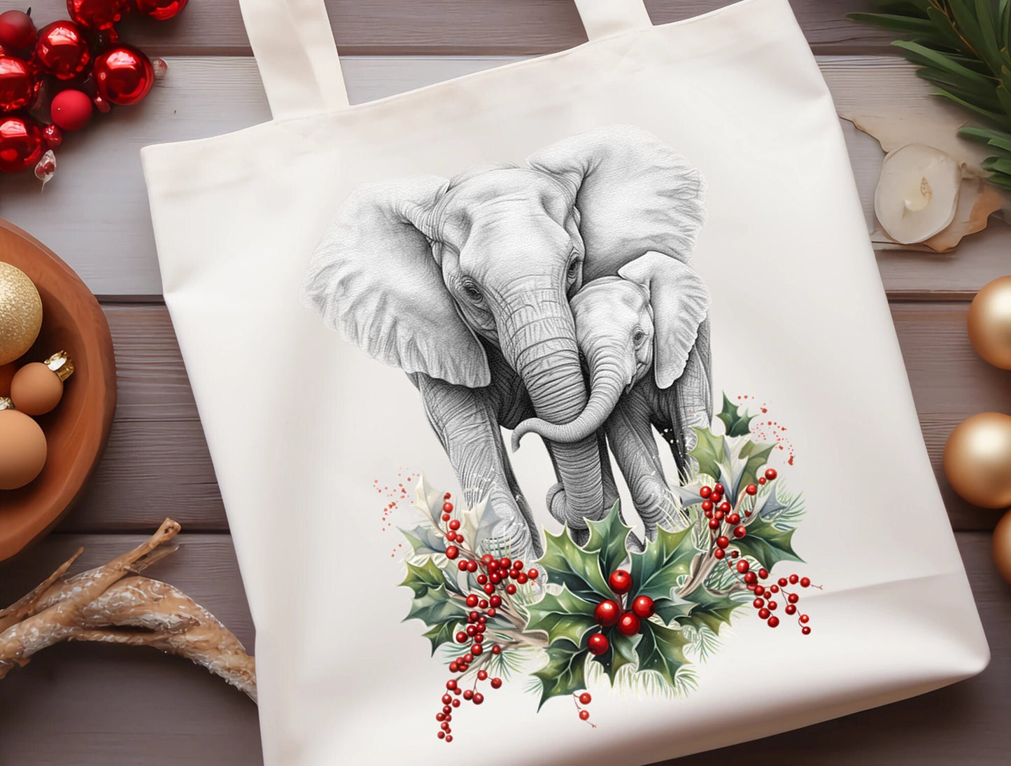 Elephant christmas tote bag white Mother and baby Couple Stocking filler Gift Shopping Reusable Holly Holidays Seasons Greetings