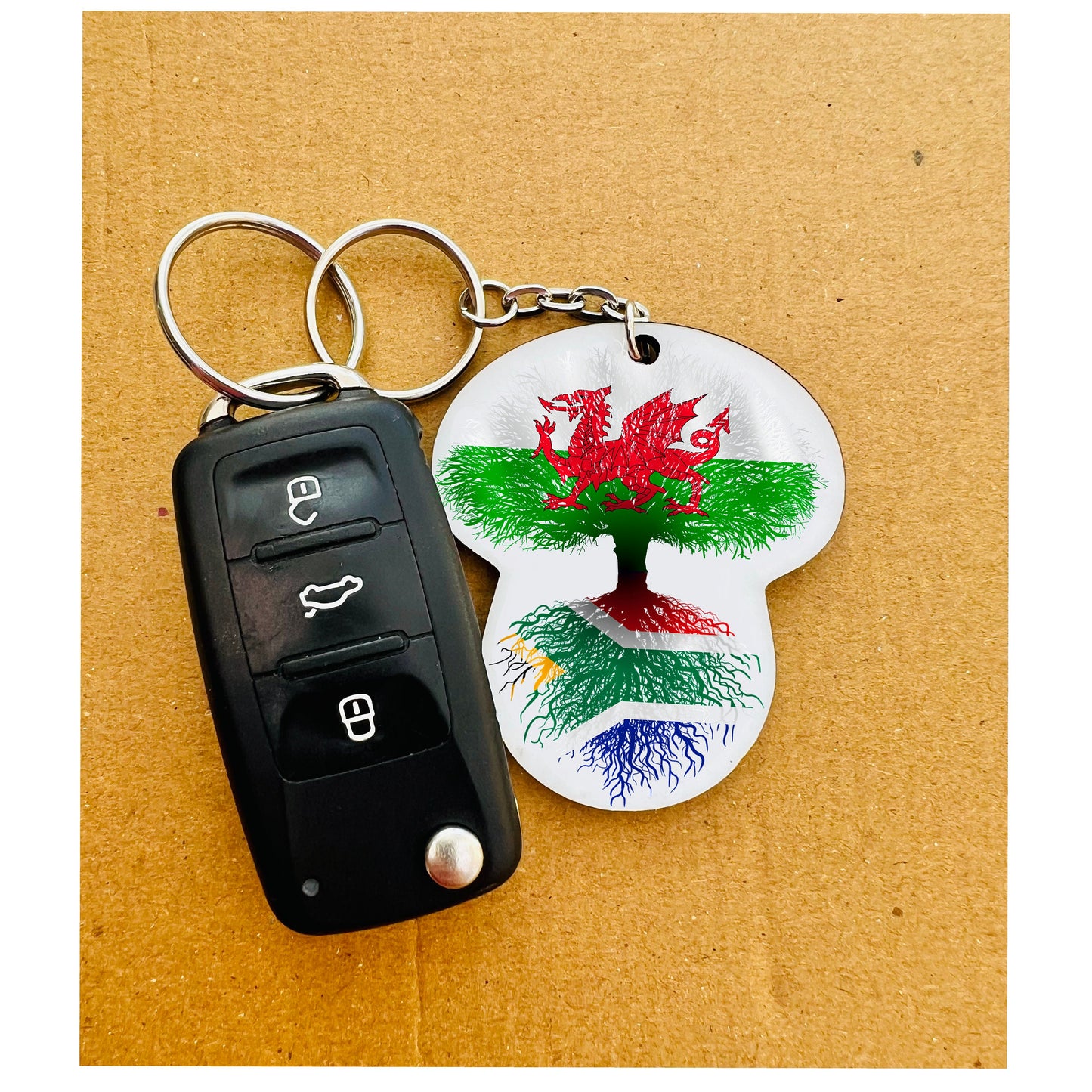 South African flag Wales Welsh Flag Dragon keyring chain heritage roots New home housewarming immigration travel christmas gift personalised
