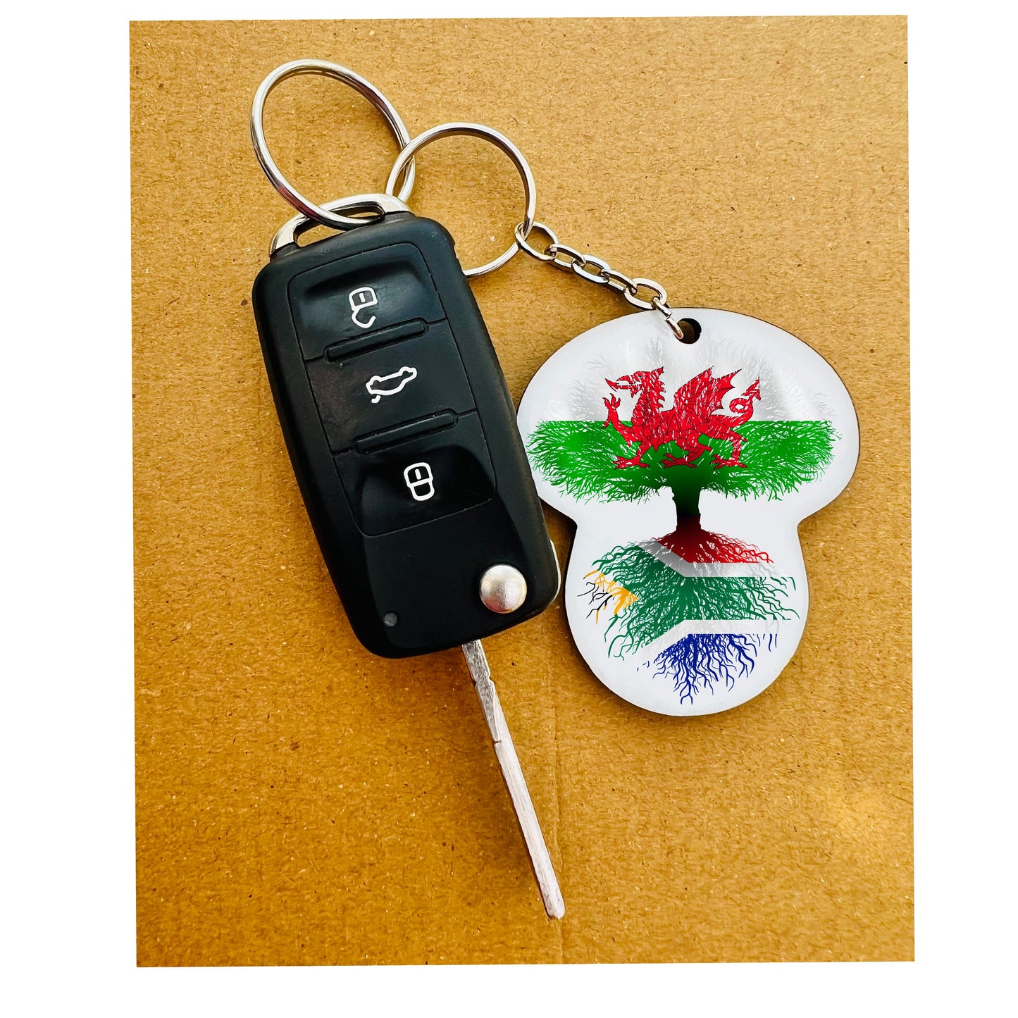 South African flag Wales Welsh Flag Dragon keyring chain heritage roots New home housewarming immigration travel christmas gift personalised