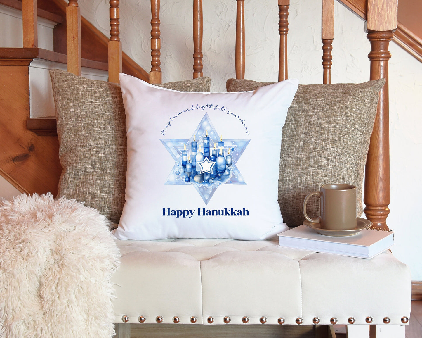 Hanukkah Cushion Gift for Jewish Holidays Happy Chanukah festival of lights Menorah candles Modern Judaica Simcha Home Hebrew Decor sameach