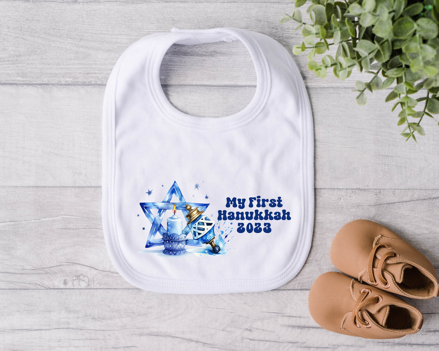 Hanuakkah Chanukah bib new Baby's 'my first hanukkah 2023' gift gender neutral Pregnancy Jewish Hebrew Star of David Dreidel Menorah sameach