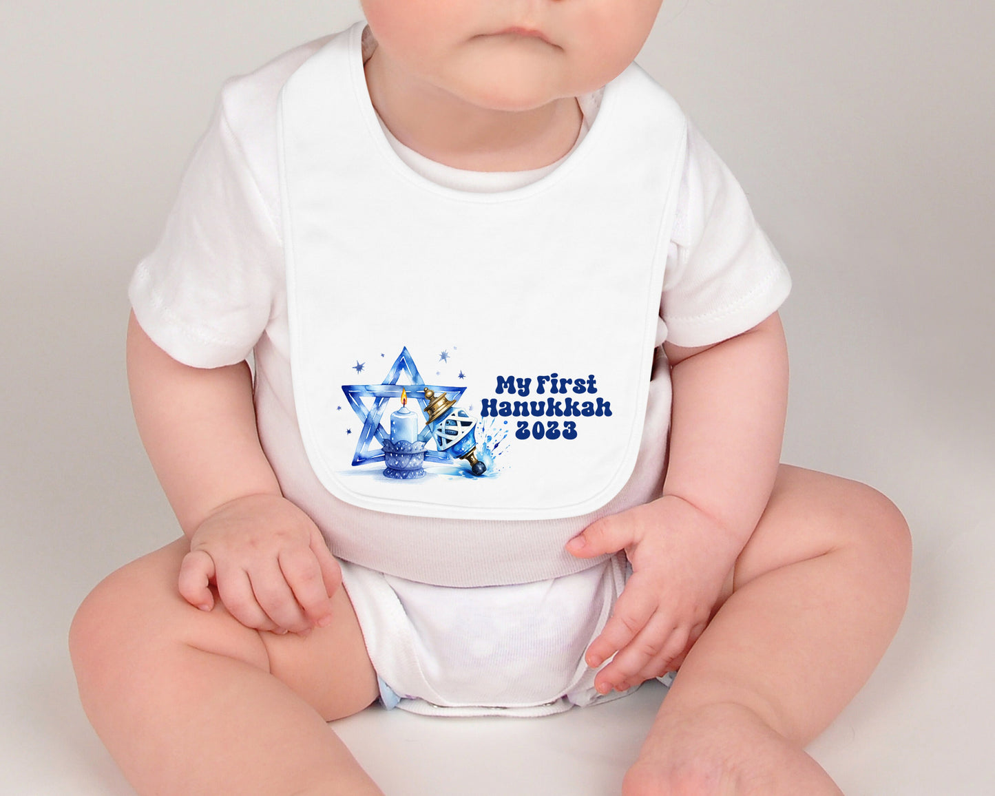 Hanuakkah Chanukah bib new Baby's 'my first hanukkah 2023' gift gender neutral Pregnancy Jewish Hebrew Star of David Dreidel Menorah sameach