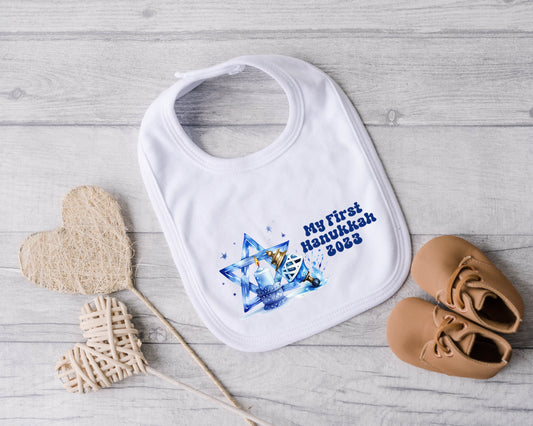 Hanuakkah Chanukah bib new Baby's 'my first hanukkah 2023' gift gender neutral Pregnancy Jewish Hebrew Star of David Dreidel Menorah sameach