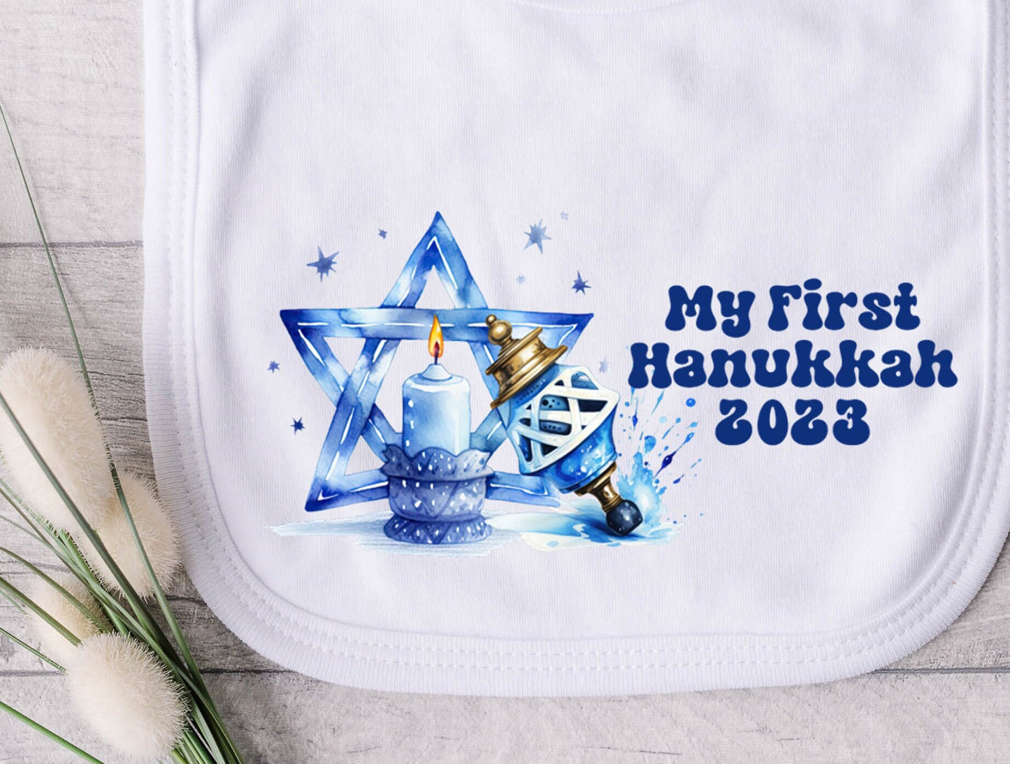 Hanuakkah Chanukah bib new Baby's 'my first hanukkah 2023' gift gender neutral Pregnancy Jewish Hebrew Star of David Dreidel Menorah sameach